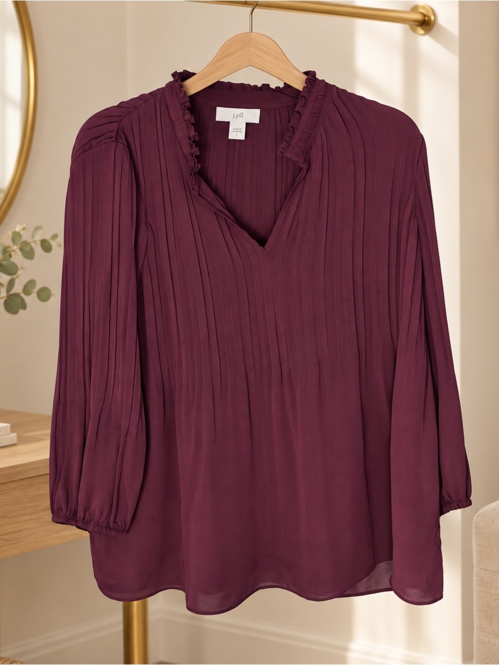 J.Jill Plum Pleated Ruffle Neck Oversized Blouse Size Small Burgundy